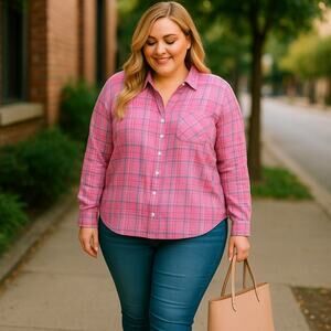 J Jill Womens Pink Blue Orange Semi Sheer Button Up Blouse Split V-Neck 2X NEW‎